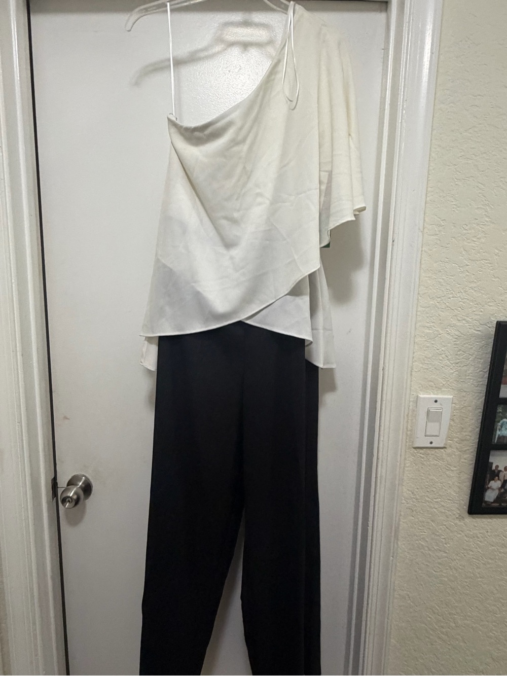 Asymmetrical White One-Shoulder Jumpsuit with Black Wide-Leg Pants